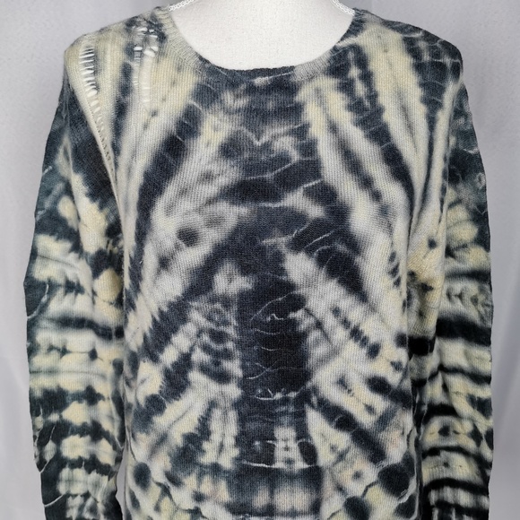 Raquel Allegra Blue Tie Dye Distressed Merino Wool and Cashmere Pullover Sweater